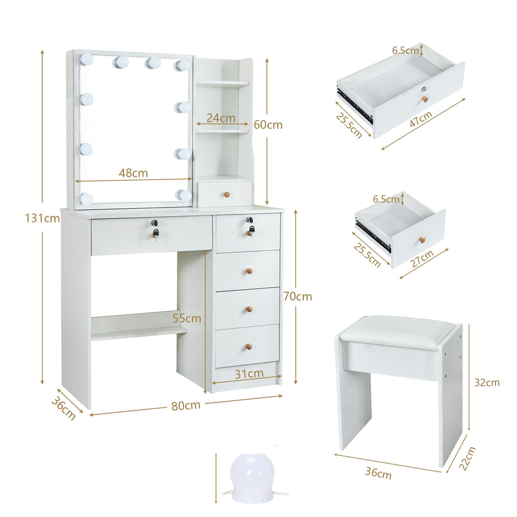 White Vanity Mirror with Lights Desk and Chair 5 Drawers Makeup Table H14024