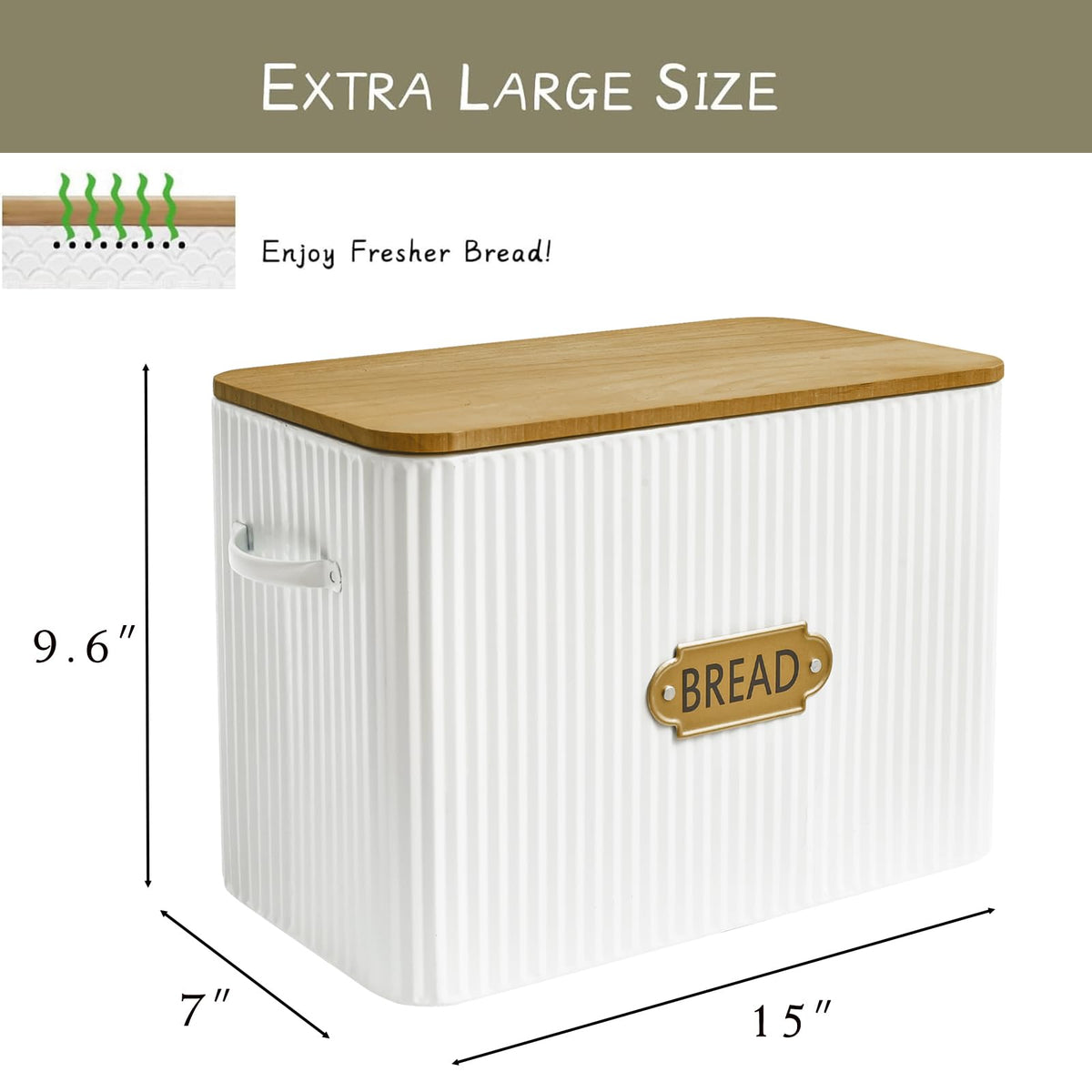 Extra Large White Vertical Stripes Bread Box with Wood Lid F388