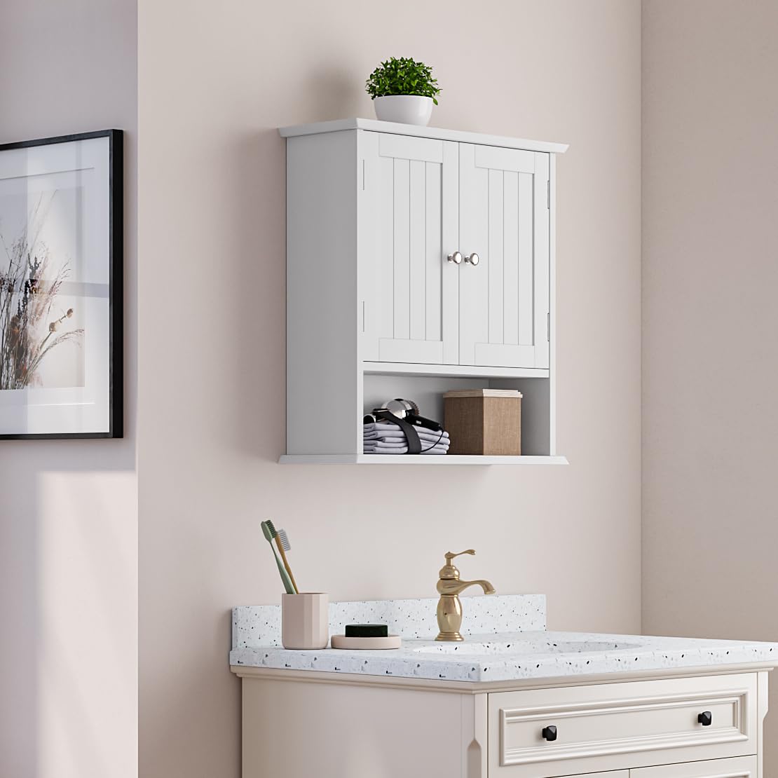Wall Mount Bathroom Cabinet with 2 Doors and Open Shelf Y7479