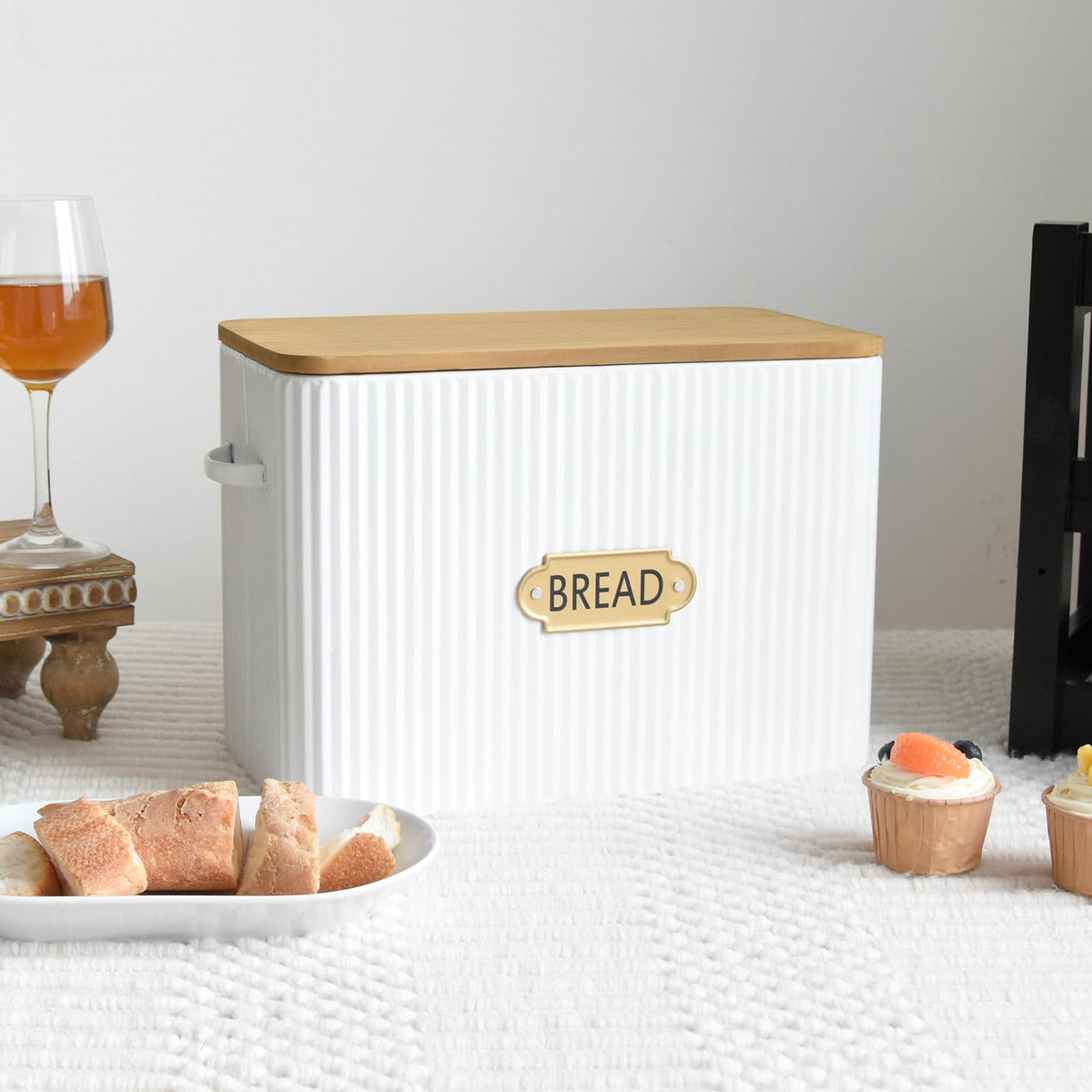 Extra Large White Vertical Stripes Bread Box with Wood Lid F388