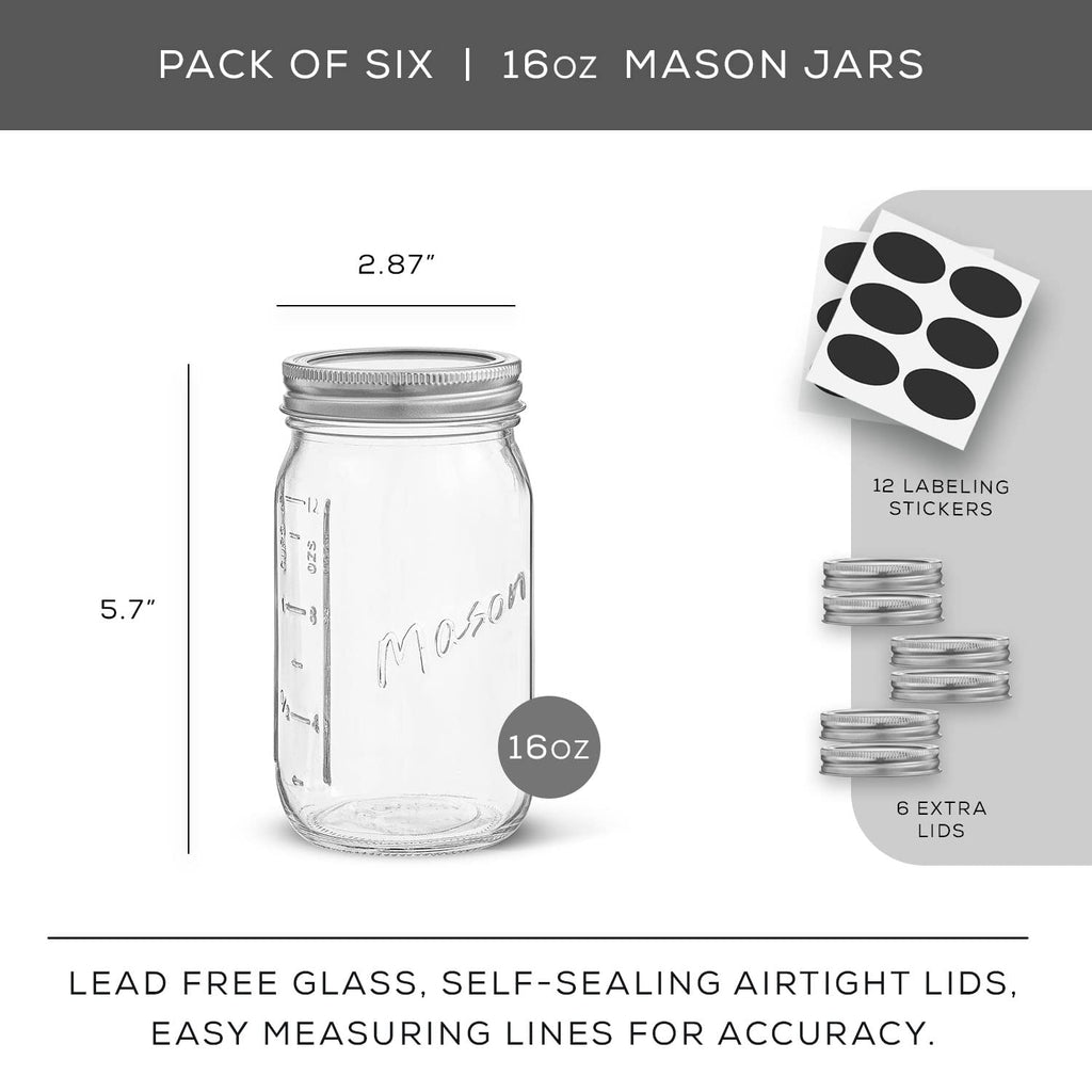 16 Oz 6-Pack Regular Mouth Glass Mason Jars with Lids S888423