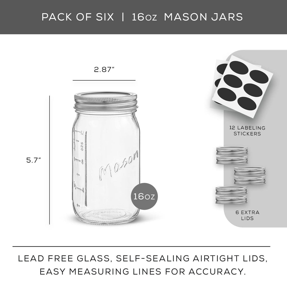 16 Oz 6-Pack Regular Mouth Glass Mason Jars with Lids S888423
