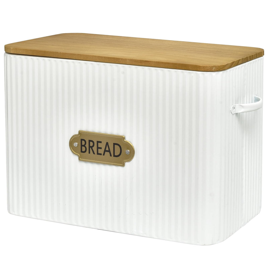 Extra Large White Vertical Stripes Bread Box with Wood Lid F388