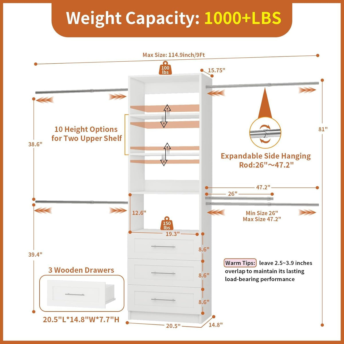 White Closet System with Drawers and Adjustable Shelves W870499