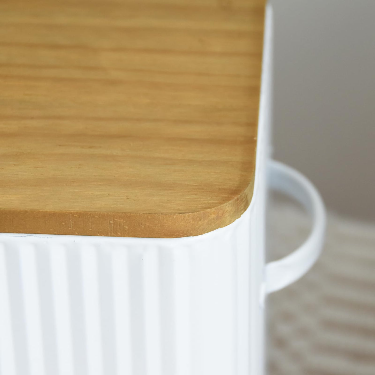 Extra Large White Vertical Stripes Bread Box with Wood Lid F388