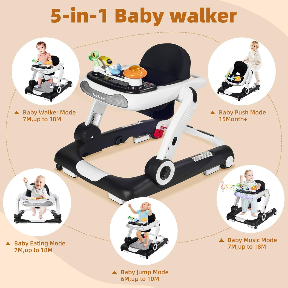 Foldable Adjustable Baby Walker with Wheels and Bouncer J894849