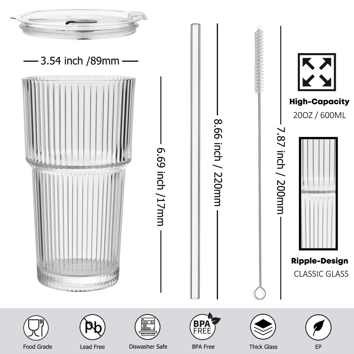 20 oz Ribbed Glass Tumbler with Lids and Straws, Pack of 2 R150100
