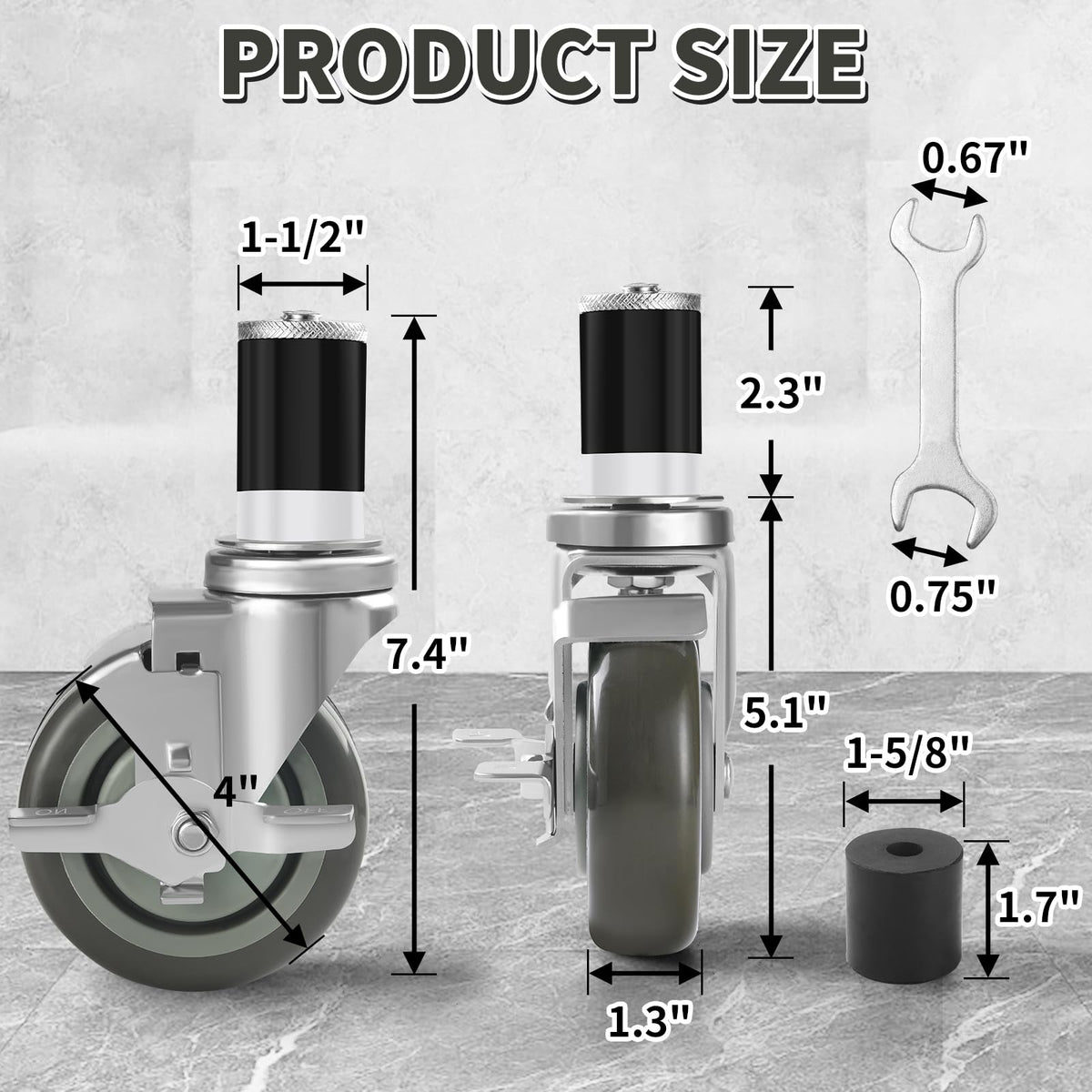 4 Inches Stem Caster Set of 4 with Side Brake Q686