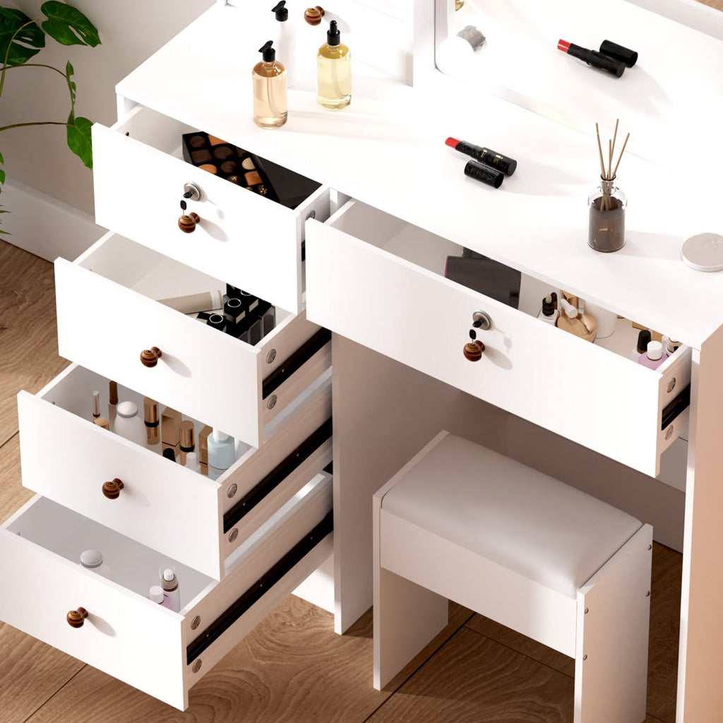 White Vanity Mirror with Lights Desk and Chair 5 Drawers Makeup Table H14024