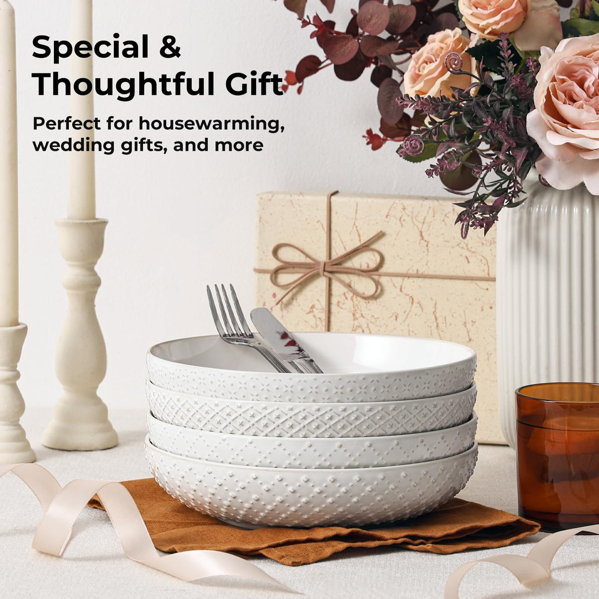 8.5" Ceramic Pasta Bowls Set of 4, 30 oz Soft White O35976