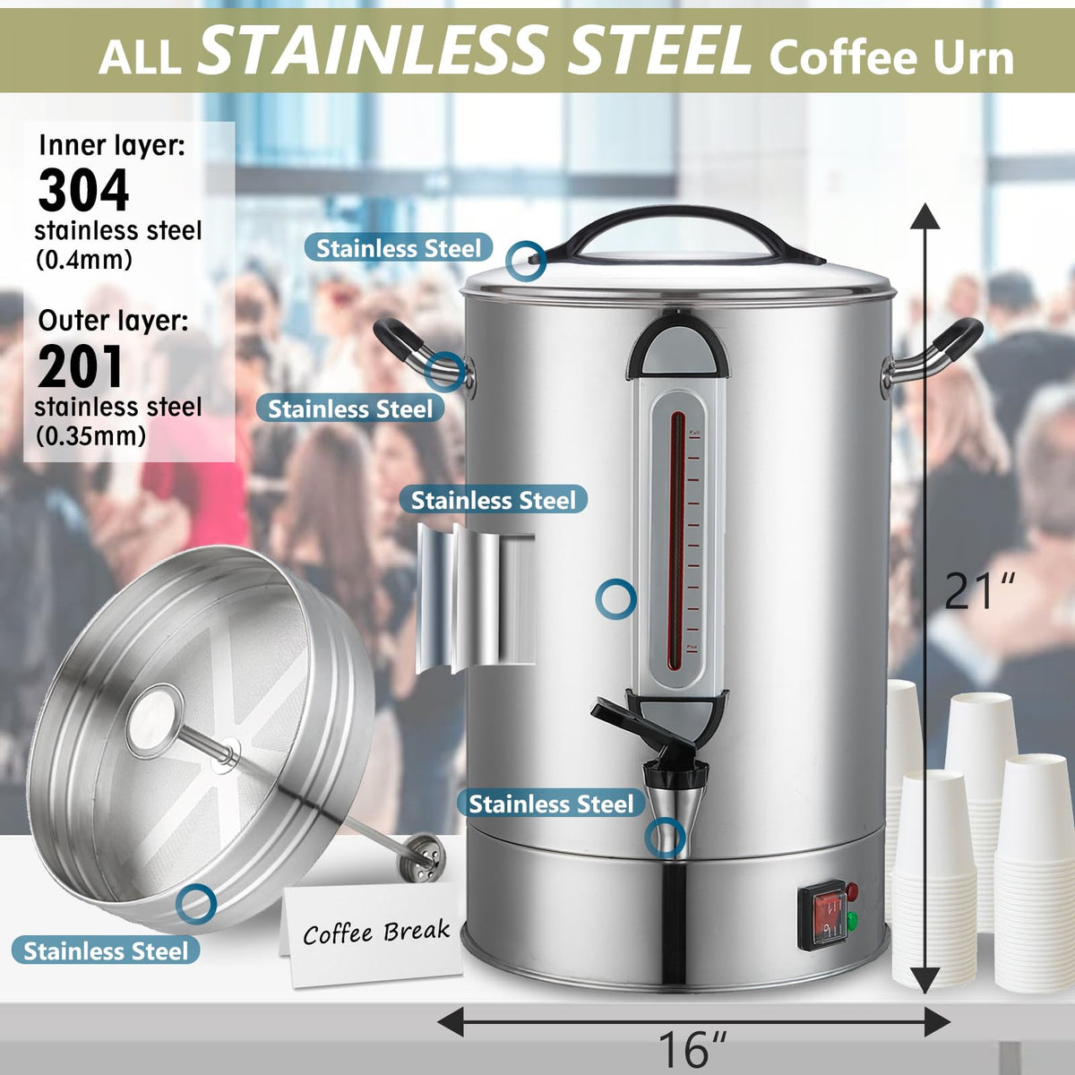 24L Stainless Steel Commercial Coffee Urn P912479