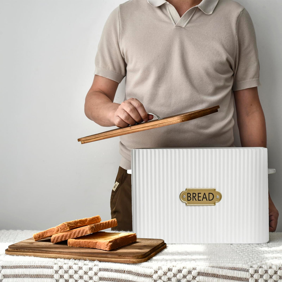 Extra Large White Vertical Stripes Bread Box with Wood Lid F388