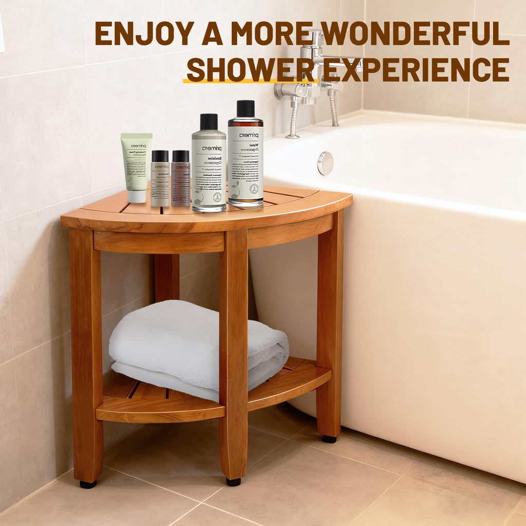 18" Teak Corner Shower Bench with Shelf O669