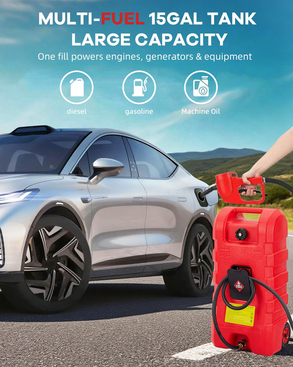 15 gal Red Portable Gas Can with Pump and Hose V3946
