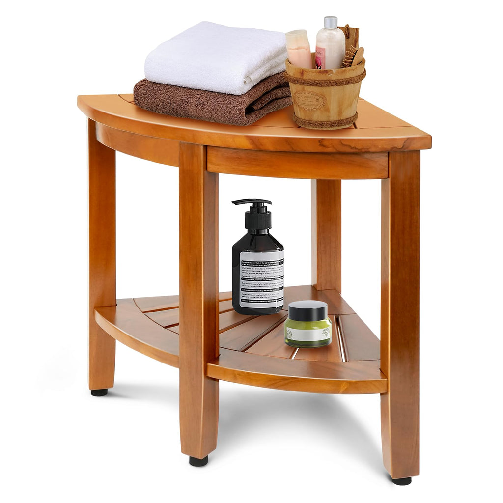 18" Teak Corner Shower Bench with Shelf O669