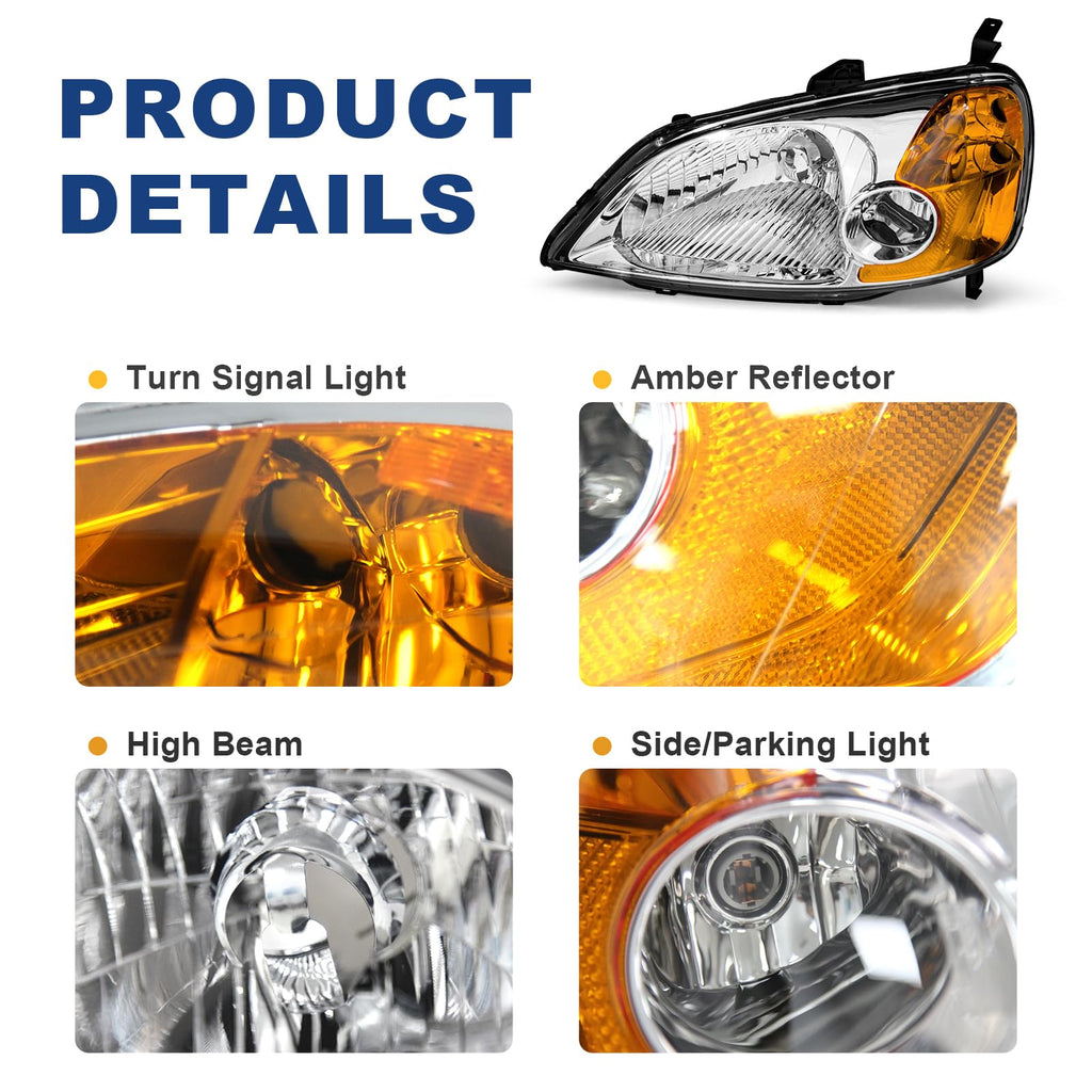 Headlight Assembly with Chrome Housing Amber Reflector Driver and Passenger Side J6580