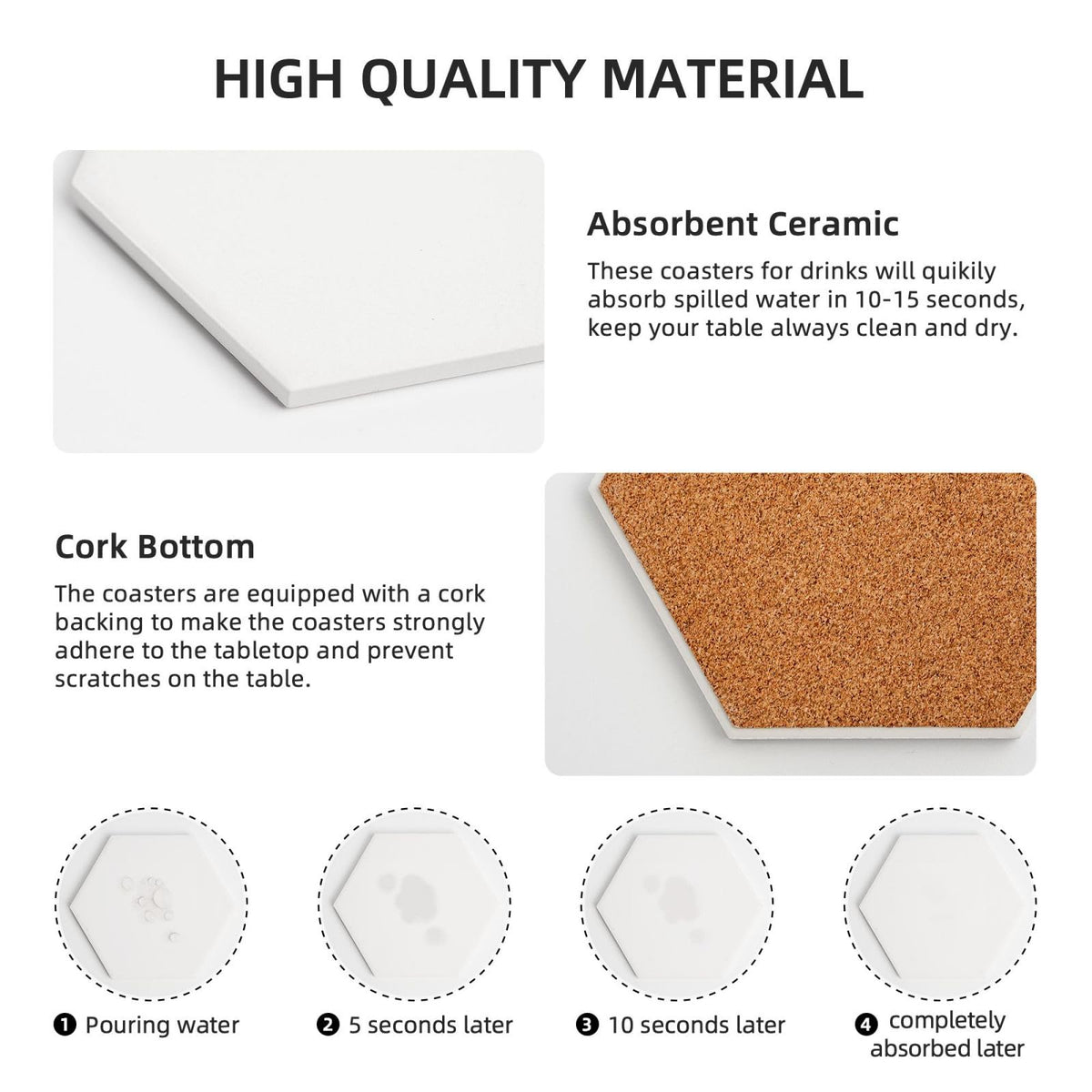 6 Piece Hexagonal Ceramic Coasters with Cork Backing B7709