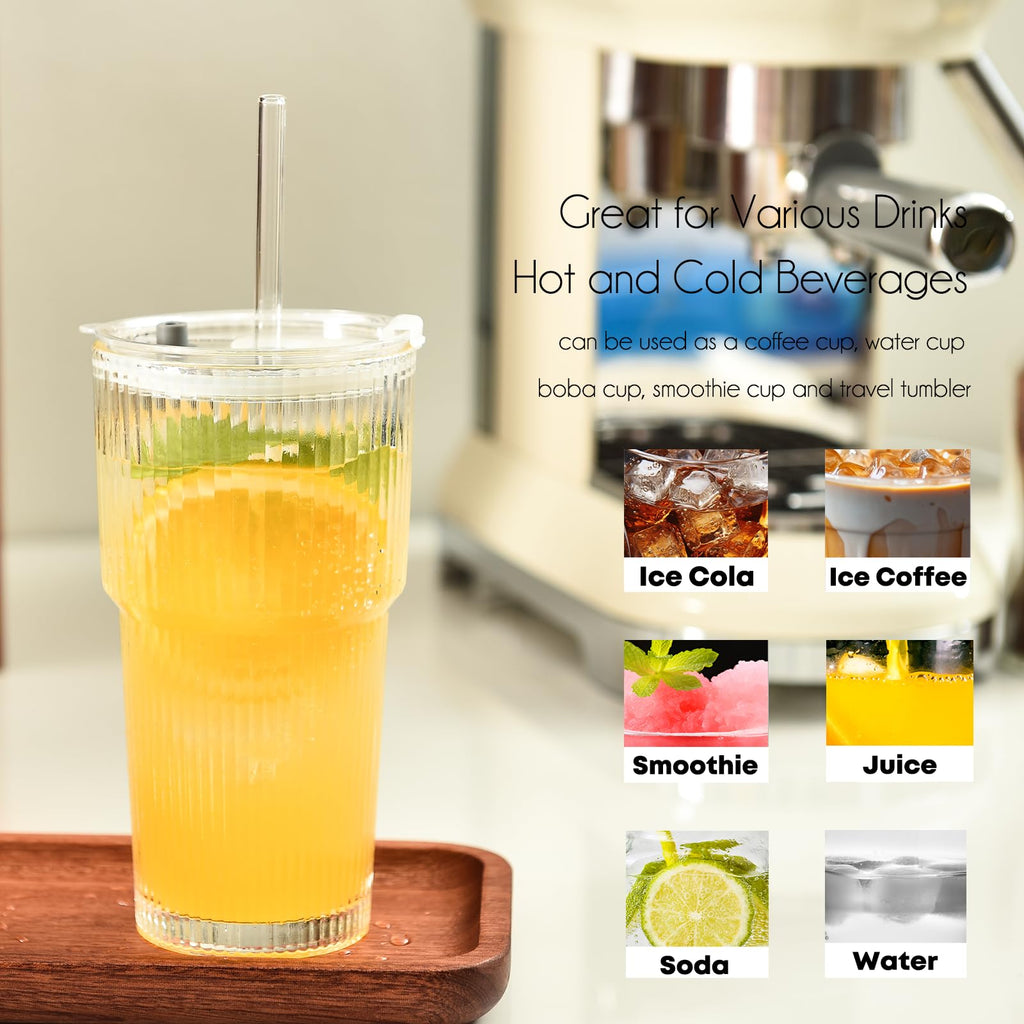 20 oz Ribbed Glass Tumbler with Lids and Straws, Pack of 2 R150100