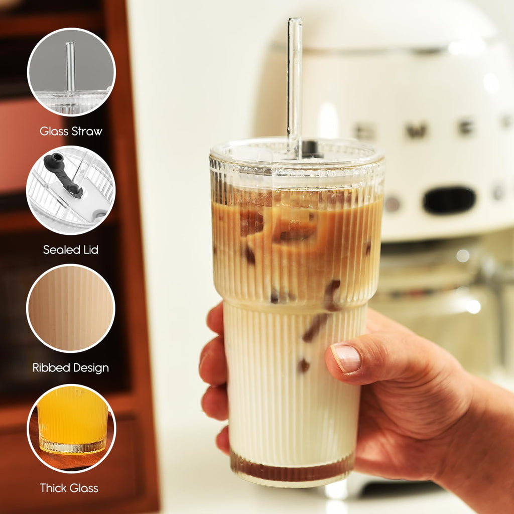 20 oz Ribbed Glass Tumbler with Lids and Straws, Pack of 2 R150100