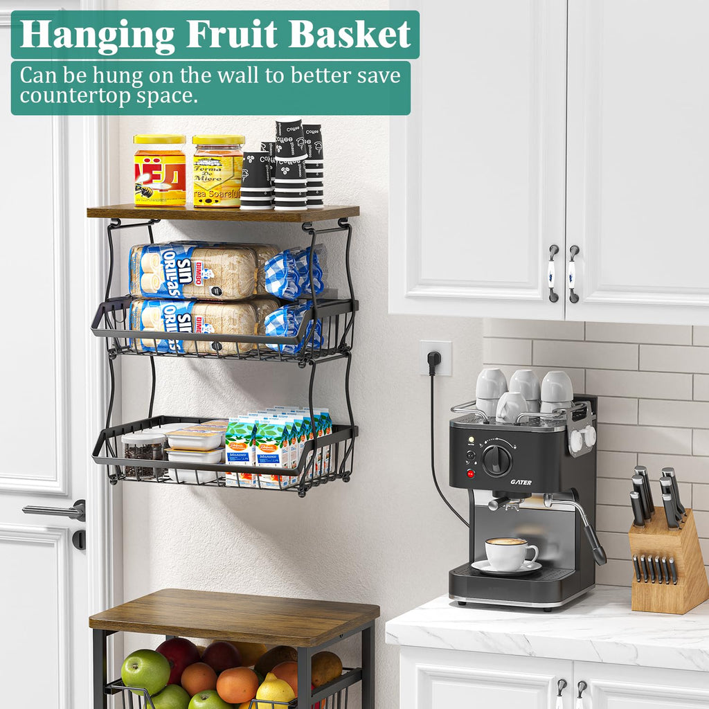 3 Tier Countertop Fruit Basket Bread Bowl with 2 Banana Hangers Q3670