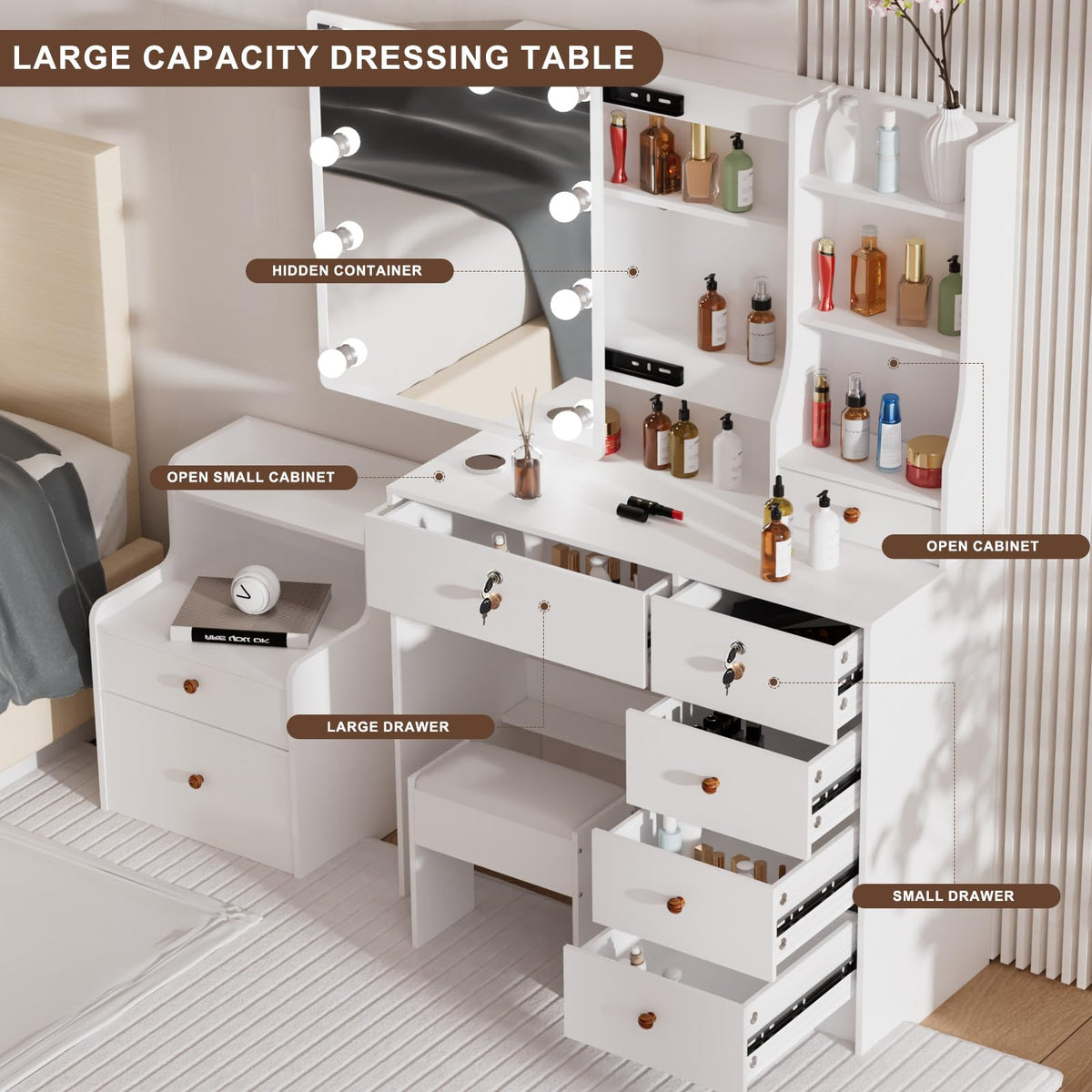 White Vanity Mirror with Lights Desk and Chair 5 Drawers Makeup Table H14024