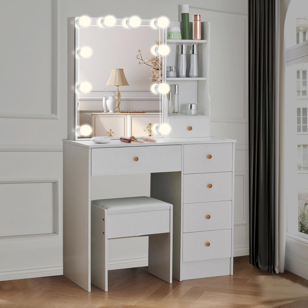 White Vanity Mirror with Lights Desk and Chair 5 Drawers Makeup Table H14024