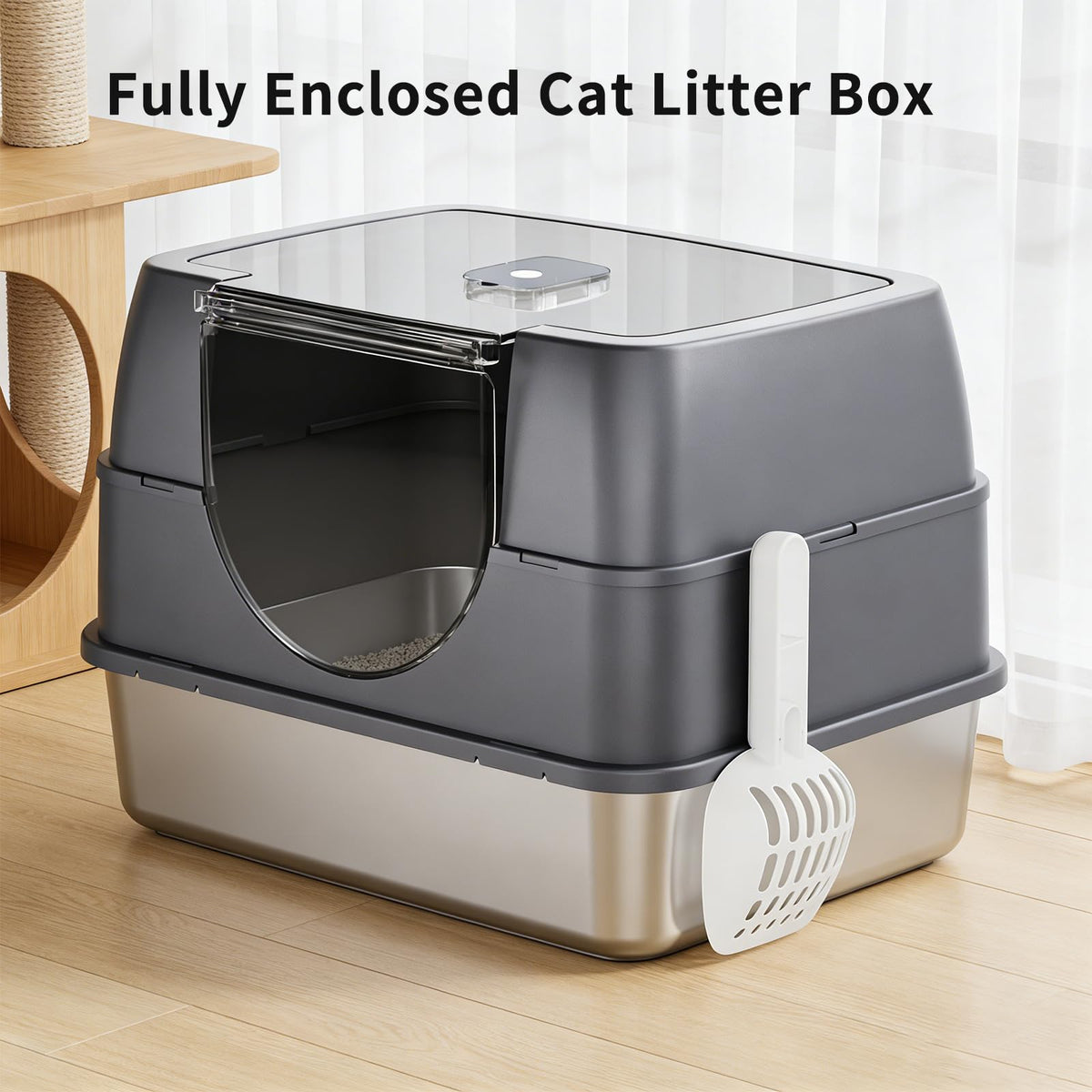Enclosed Cat Litter Box with Stainless Steel Litter Tray D549