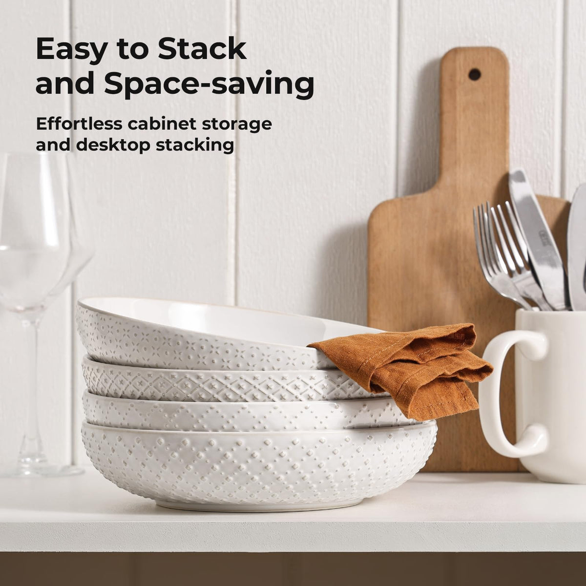 8.5" Ceramic Pasta Bowls Set of 4, 30 oz Soft White O35976
