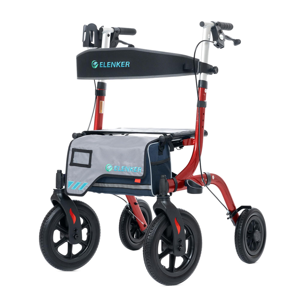 All-Terrain Rollator Walker with Seat, 12” Non-Pneumatic Tire Front Wheels, Compact Folding, Red U771