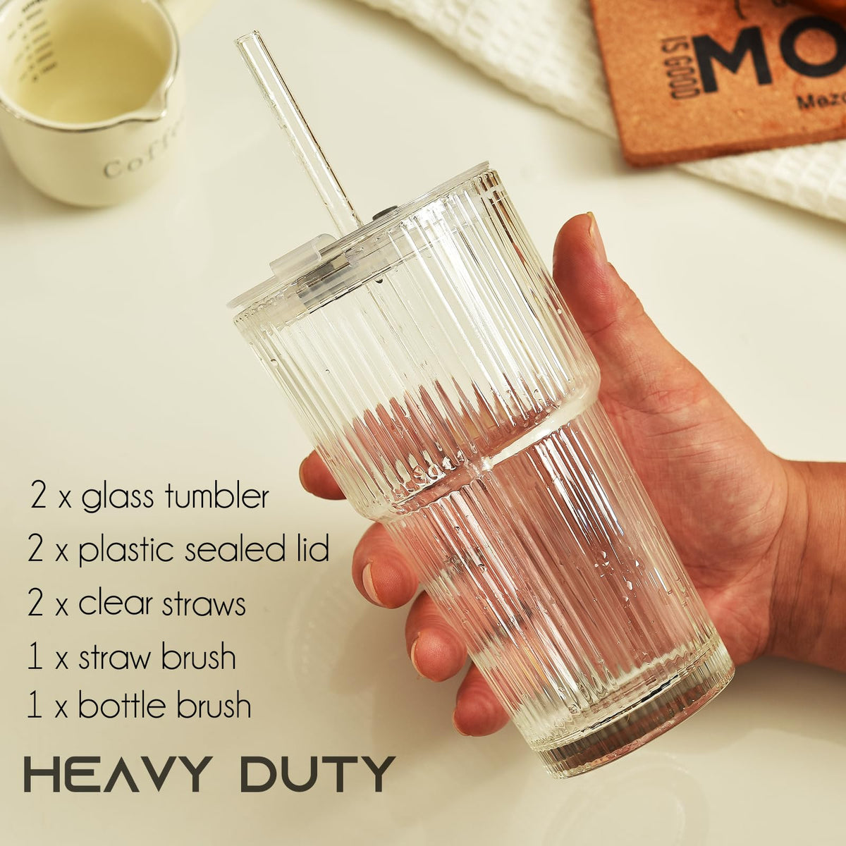 20 oz Ribbed Glass Tumbler with Lids and Straws, Pack of 2 R150100