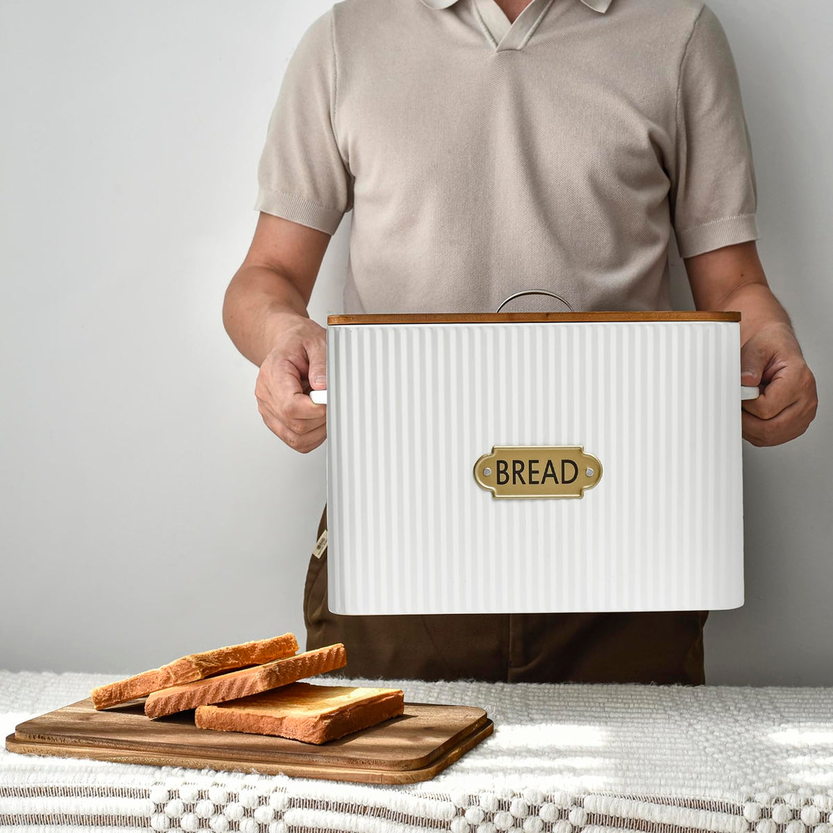 Extra Large White Vertical Stripes Bread Box with Wood Lid F388