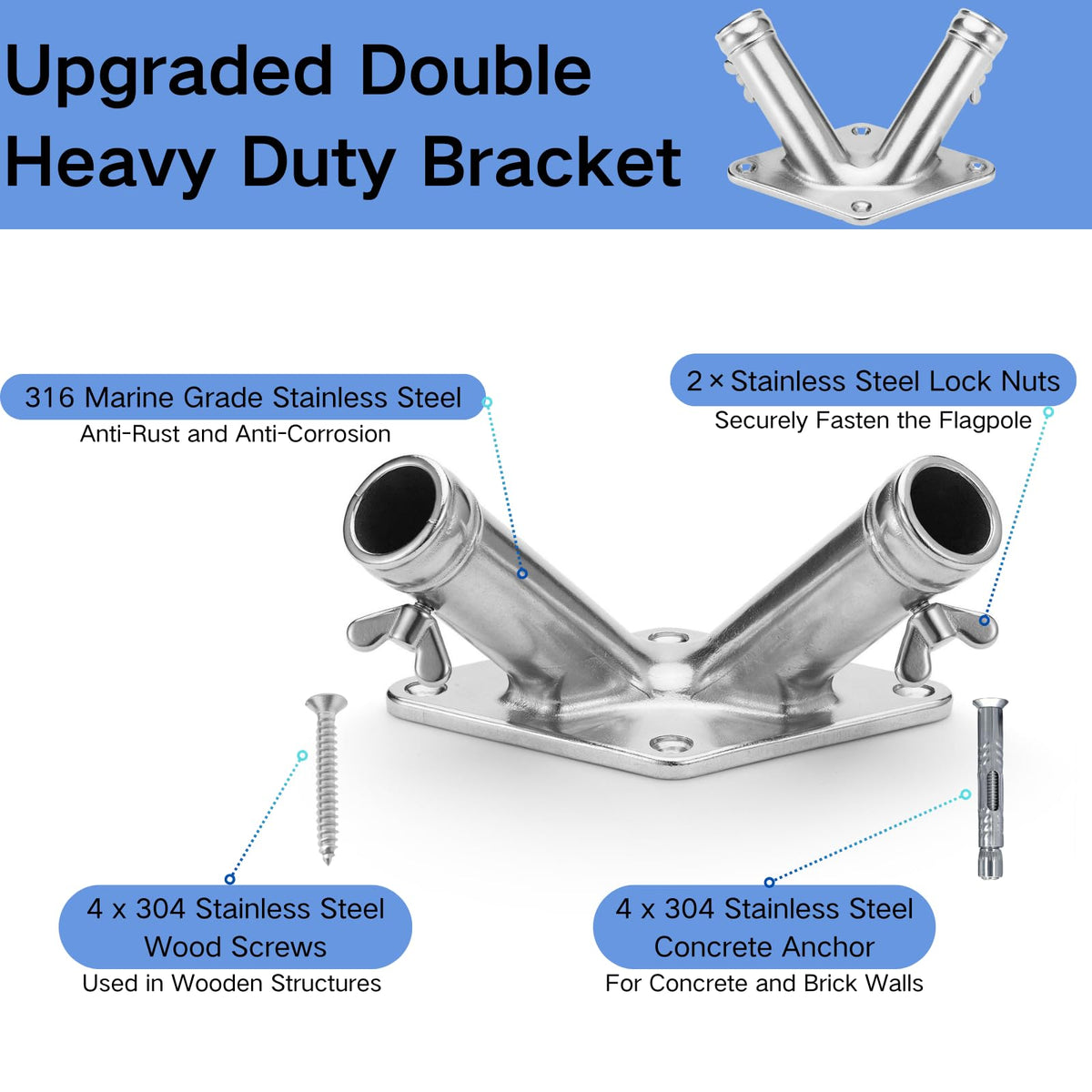 Double Flag Pole Holder 316 Stainless Steel Heavy Duty G667074