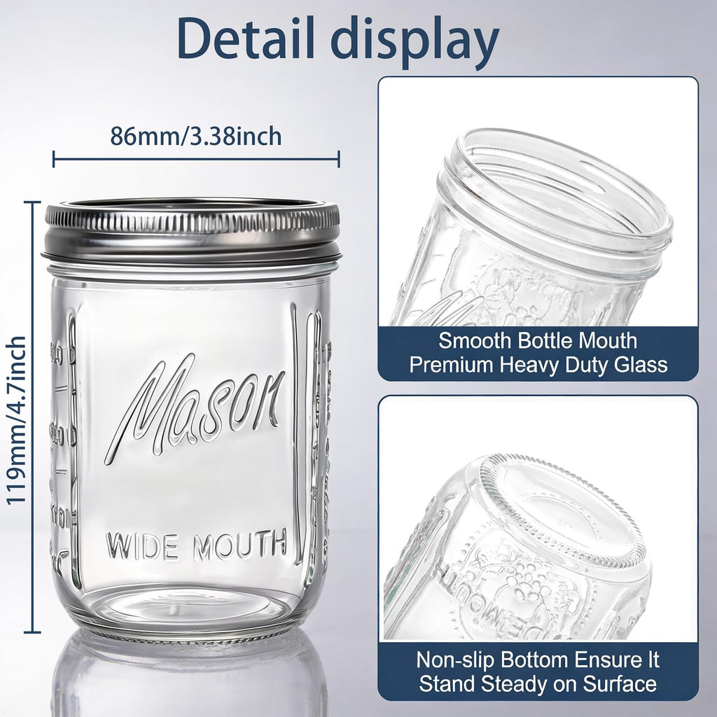 12 Pack 16 oz Wide Mouth Glass Mason Jars with Lids C86876