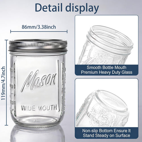 12 Pack 16 oz Wide Mouth Glass Mason Jars with Lids C86876