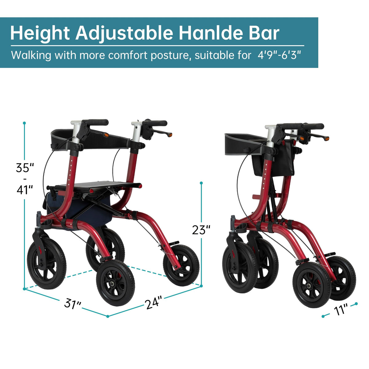 All-Terrain Rollator Walker with Seat, 12” Non-Pneumatic Tire Front Wheels, Compact Folding, Red U771