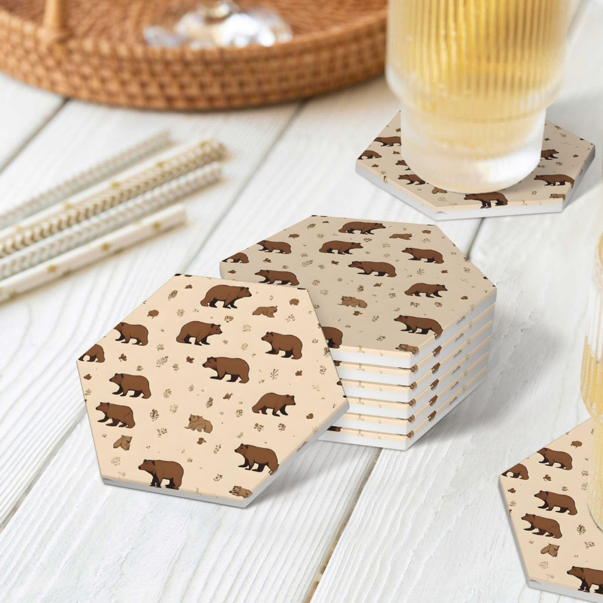 6 Piece Hexagonal Ceramic Coasters with Cork Backing B7709
