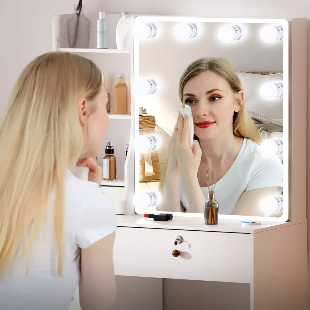White Vanity Mirror with Lights Desk and Chair 5 Drawers Makeup Table H14024