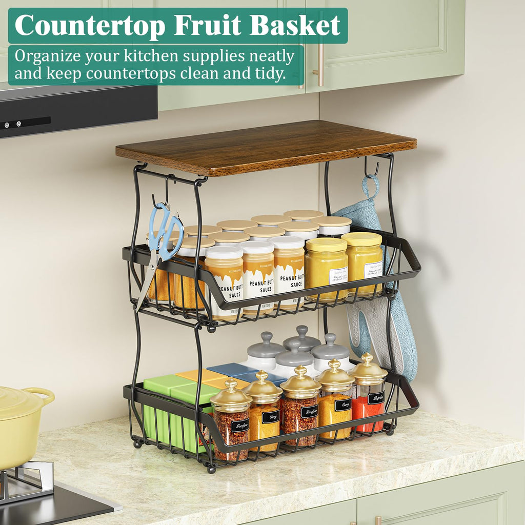 3 Tier Countertop Fruit Basket Bread Bowl with 2 Banana Hangers Q3670
