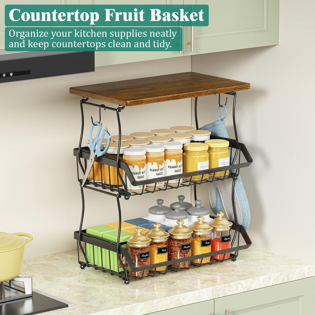 3 Tier Countertop Fruit Basket Bread Bowl with 2 Banana Hangers Q3670