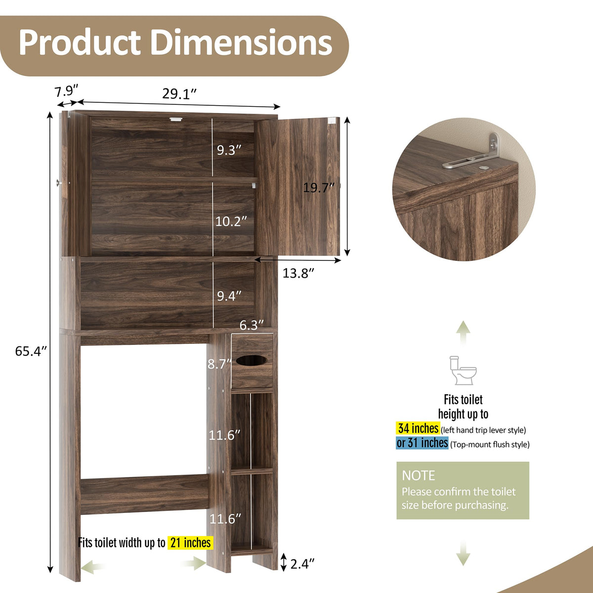 Walnut Over Toilet Storage Cabinet with Adjustable Shelf V355742