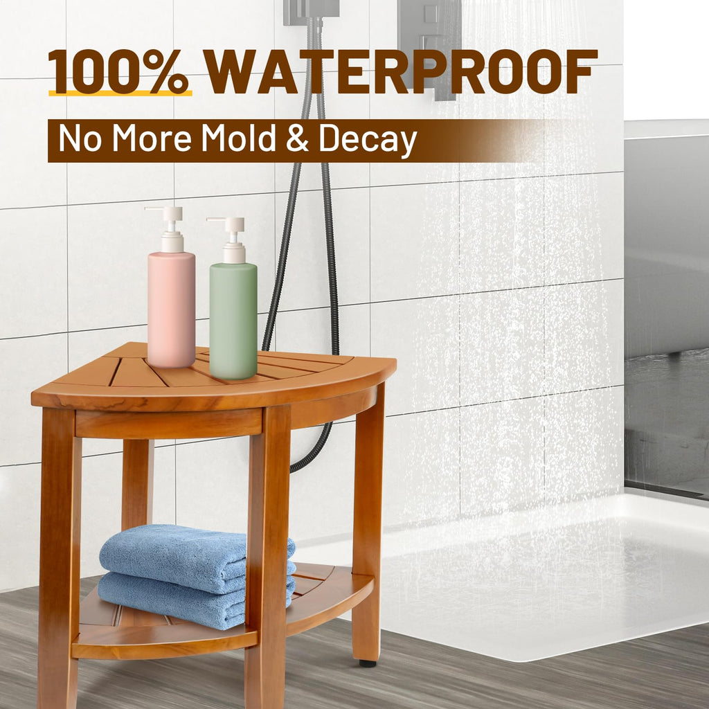 18" Teak Corner Shower Bench with Shelf O669