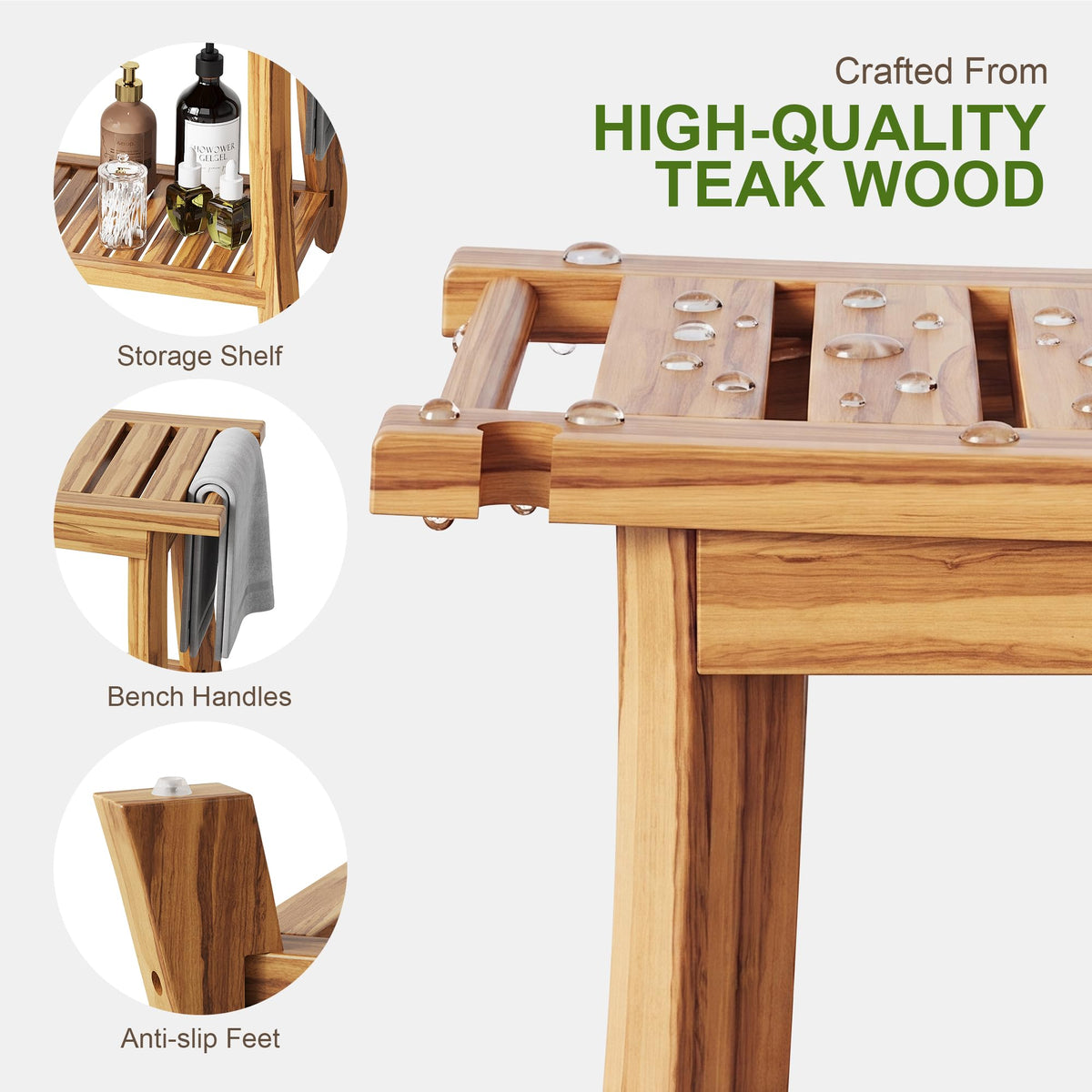 24" Teak Shower Bench with Handles & Towel Shelf E310376