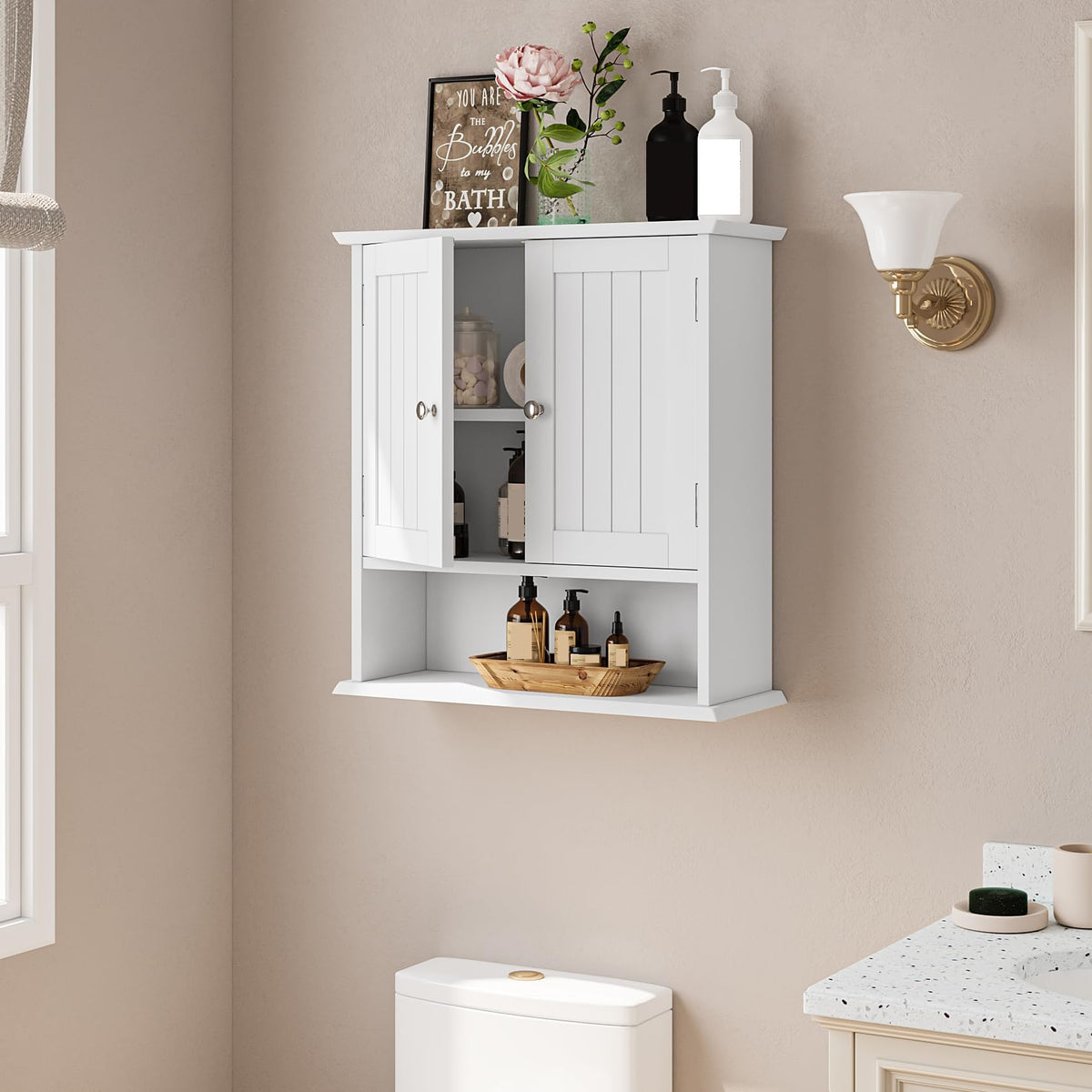 Wall Mount Bathroom Cabinet with 2 Doors and Open Shelf Y7479