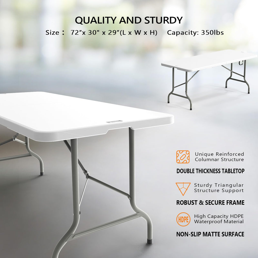 6 Foot White Plastic Folding Table with Carrying Handle E9039