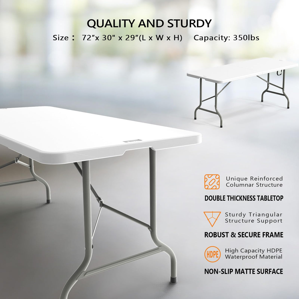 6 Foot White Plastic Folding Table with Carrying Handle E9039