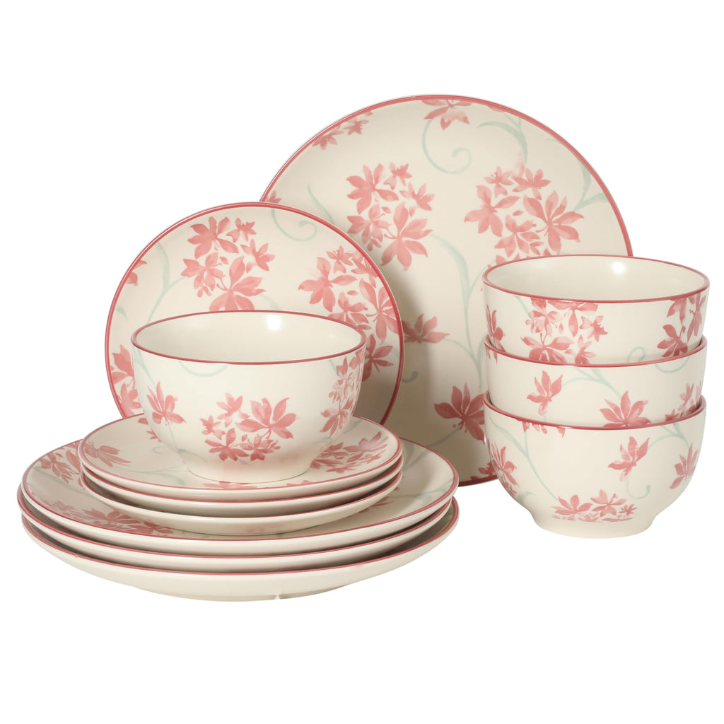12-Piece Matte Stoneware Dinnerware Set with Pink Floral Pattern H631573