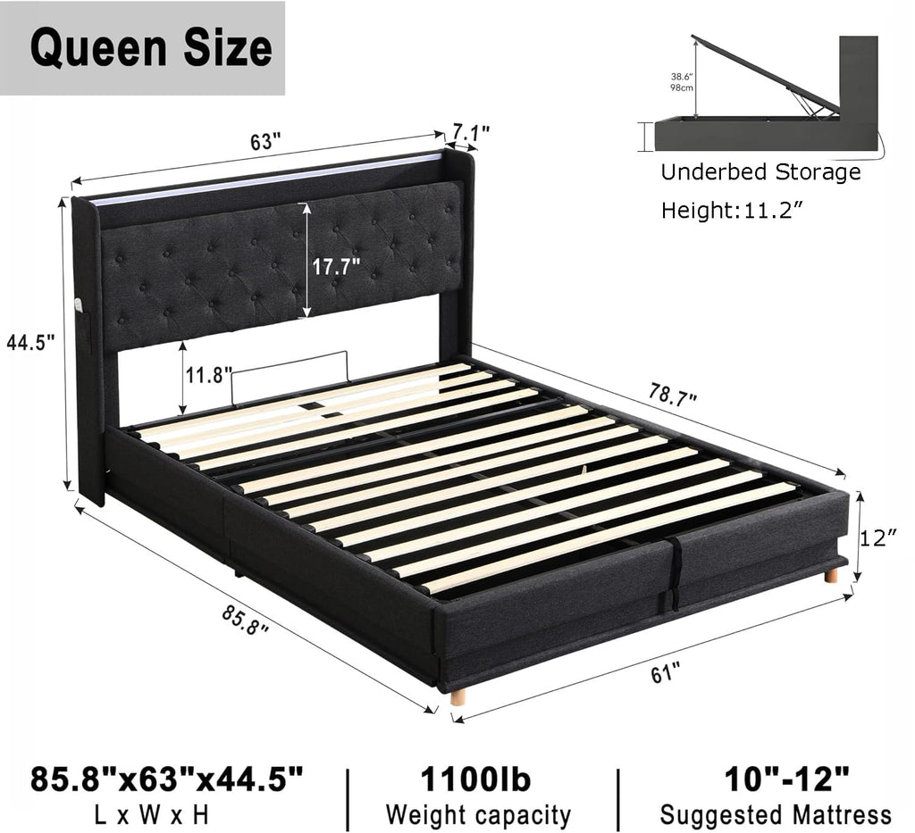 Queen Size Black Upholstered Lift Up Storage Bed Frame P416
