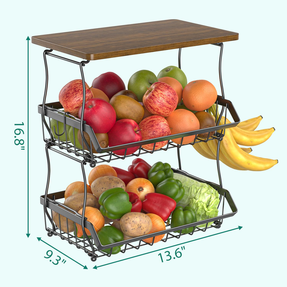 3 Tier Countertop Fruit Basket Bread Bowl with 2 Banana Hangers Q3670