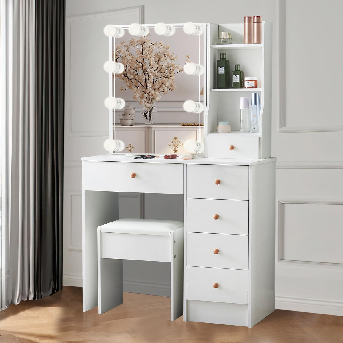 White Vanity Mirror with Lights Desk and Chair 5 Drawers Makeup Table H14024