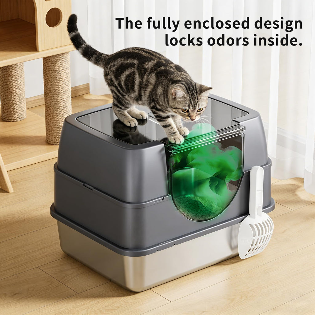 Enclosed Cat Litter Box with Stainless Steel Litter Tray D549